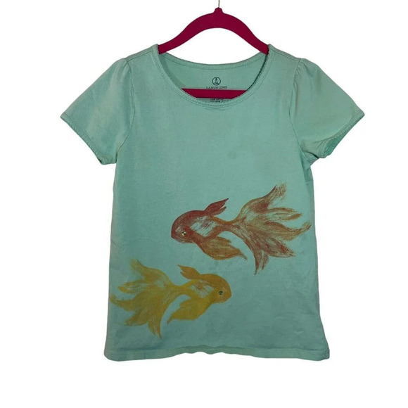 Land's End Girls T Shirt Size Small 7-8 Goldfish Sequin Ocean Sea Short Sleeve - Picture 1 of 4